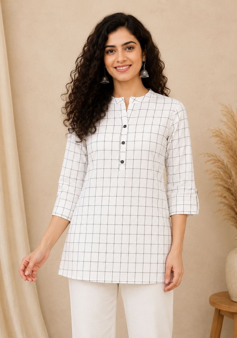 White and Black Cotton Ethnic Women Stripe Short Top-51172