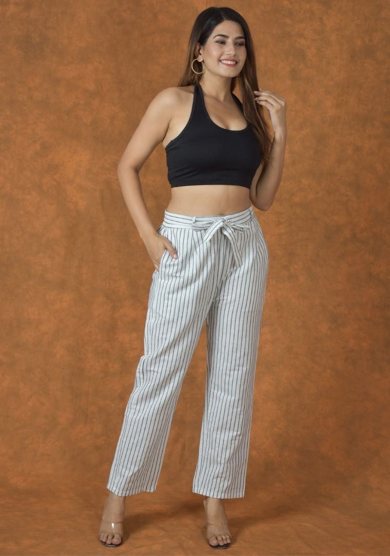 White and Black Cotton Stripe Women Trouser-45236