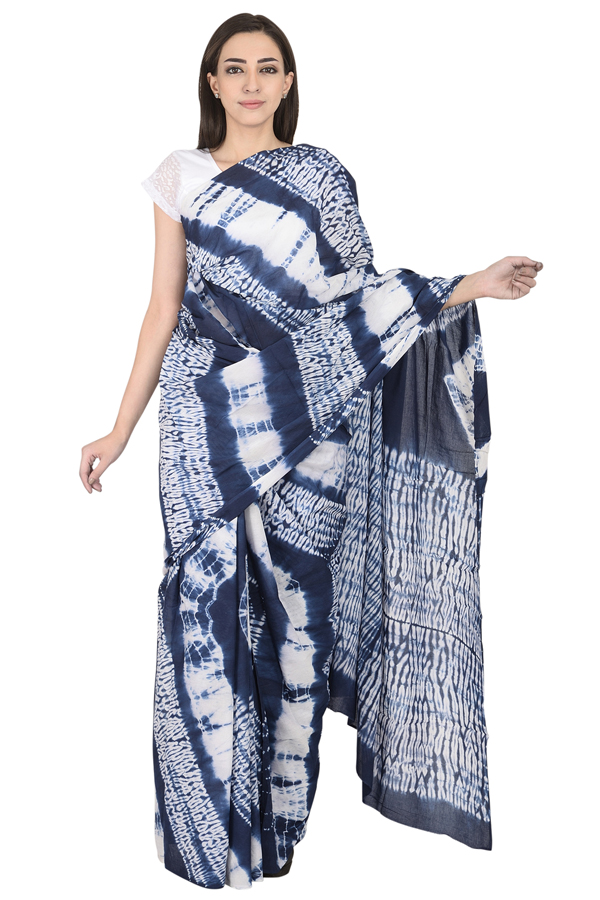 White and Blue Cotton Shibori Saree-20090