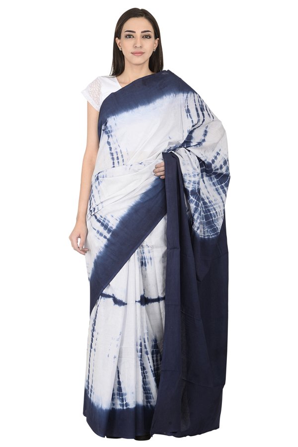 White and Blue Cotton Shibori Saree-20092