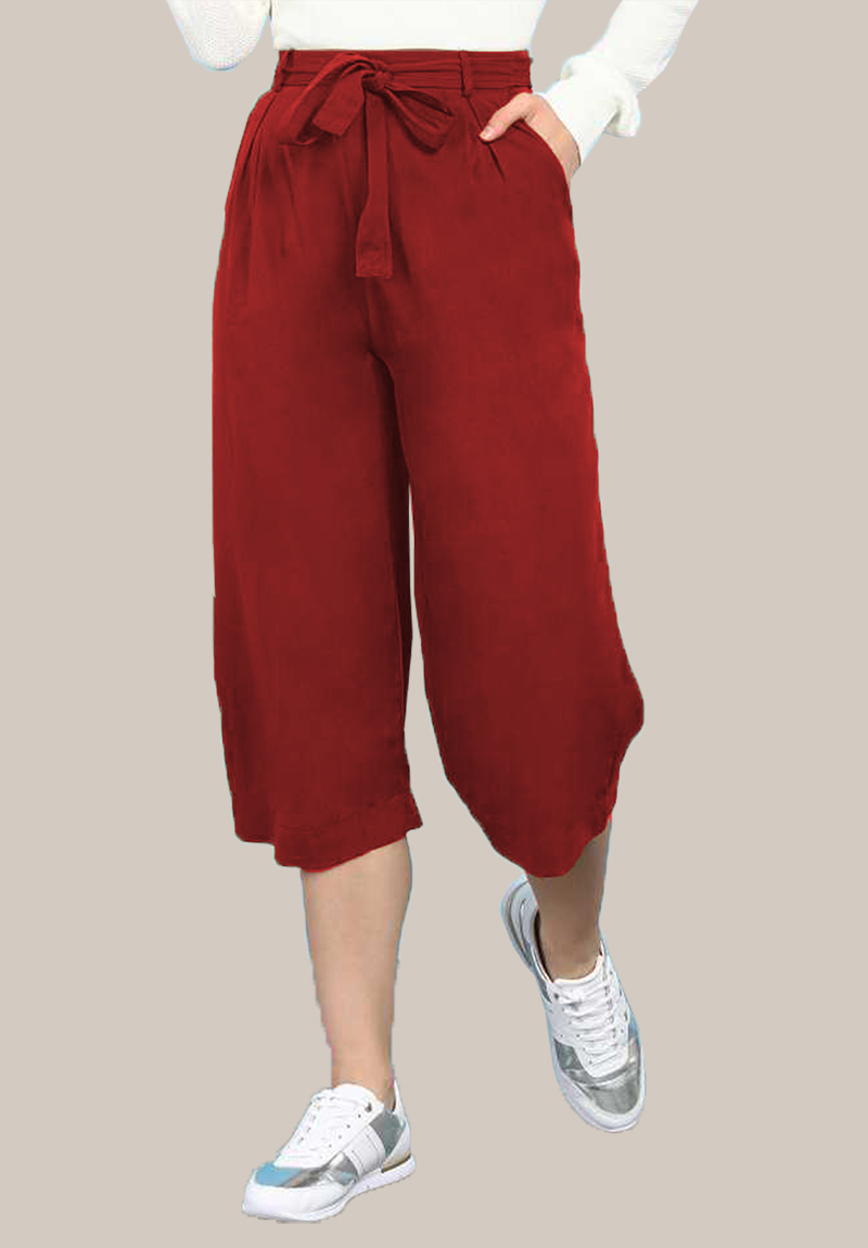 Wine Rayon Solid Women Culottes with Belt-35116