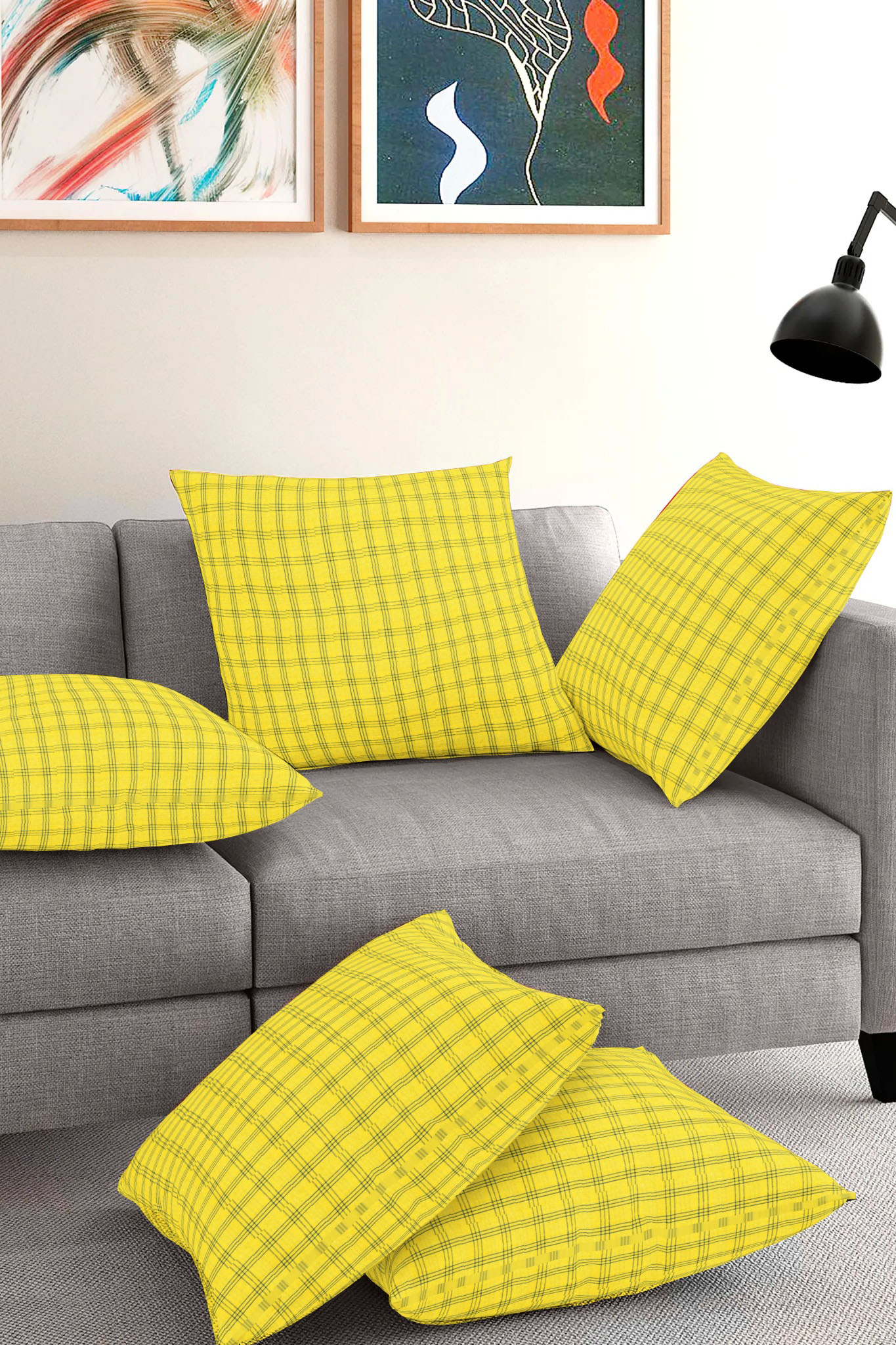 Set of 5-Yellow Blue Cotton Cushion Cover-35389-16x16 Inches