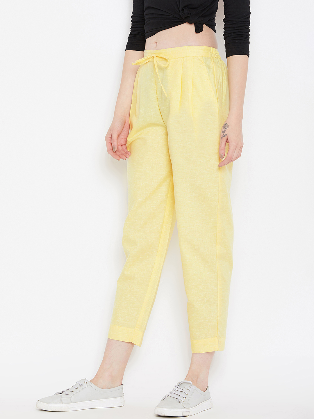 Yellow Cotton Cropped Pant-33519