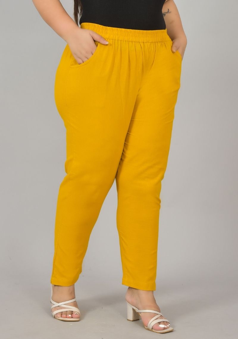 Yellow Cotton Plus Size Regular Wear Women Pant-48408