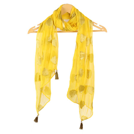 Yellow Golden Digital Printed Chiffon Stole with Tassle-33625