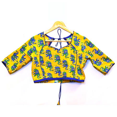 Yellow-Green and Blue Elephant Kalamkari Print Cotton Blouse-30057