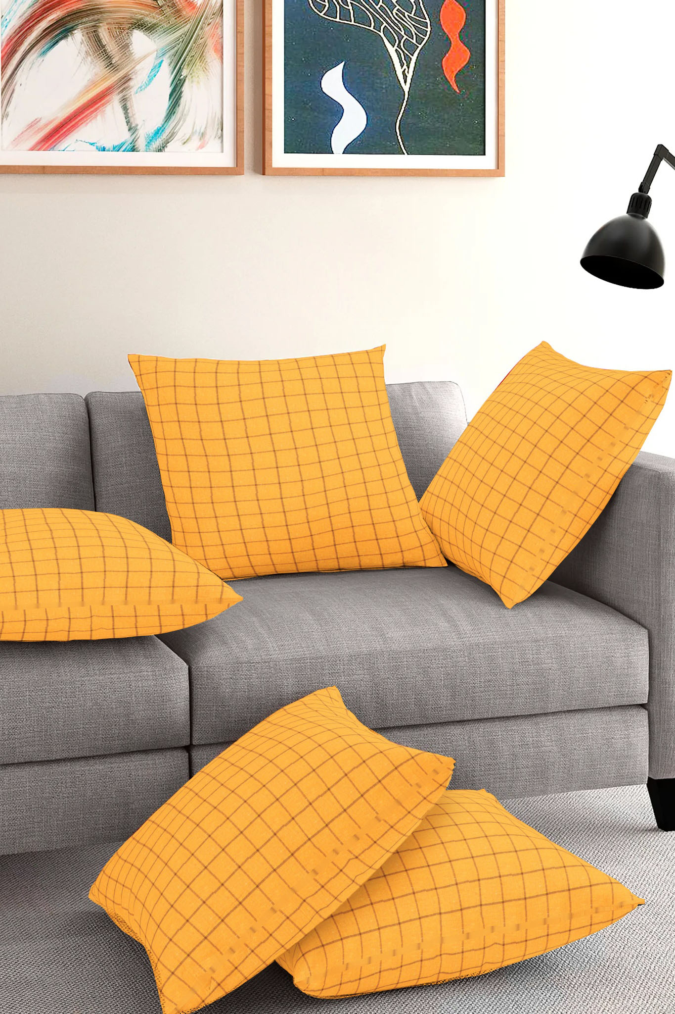 Set of 5-Yellow Maroon Cotton Cushion Cover-35414-16x16 Inches