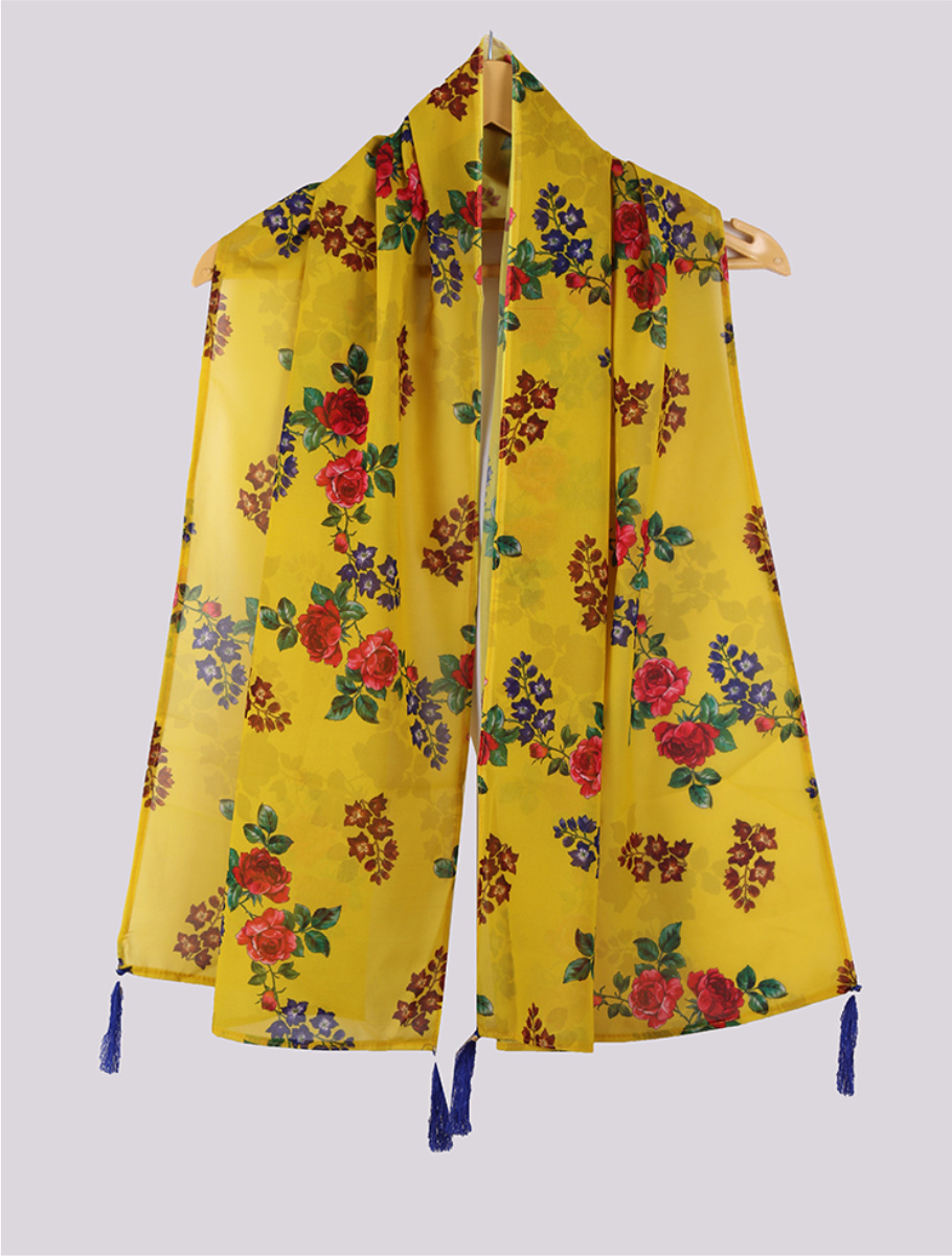 Yellow Red Digital Printed Georgette Stole with Tassel-33402