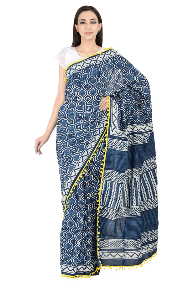 Yellow Tassel Pattern On Blue and White Cotton Indigo Print Saree-20080