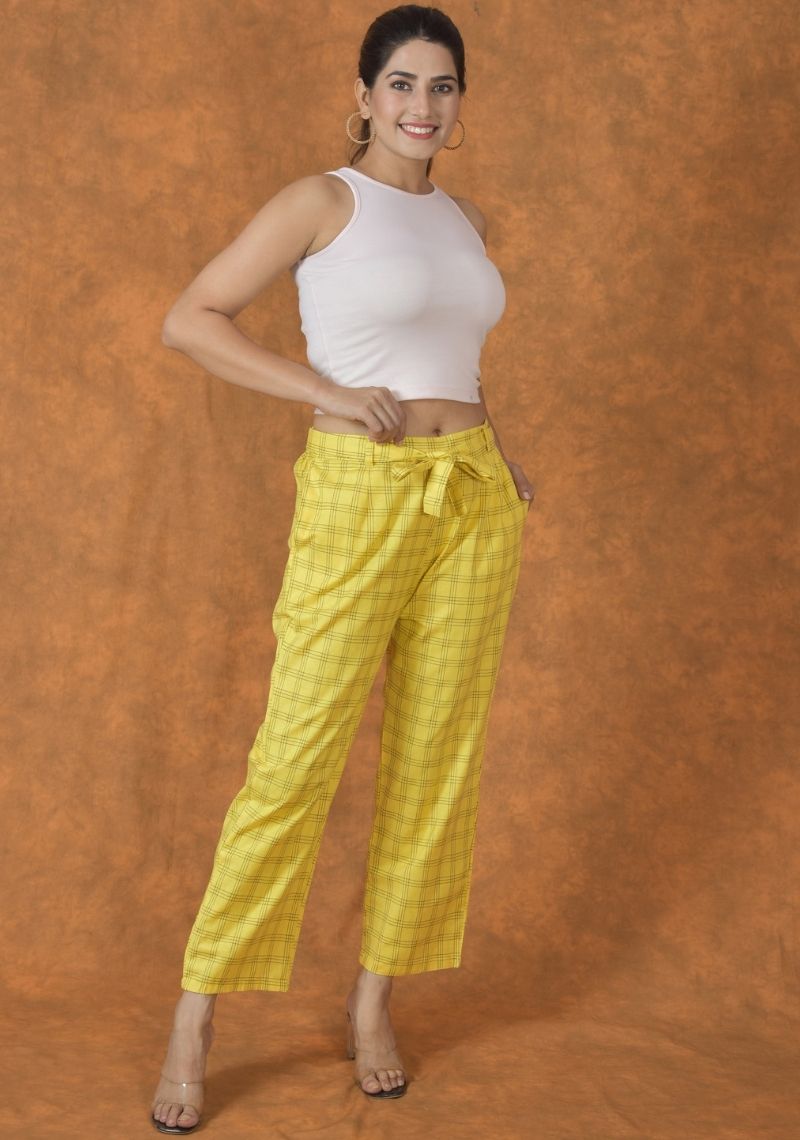 Yellow and Black Cotton Checks Women Trouser-45228