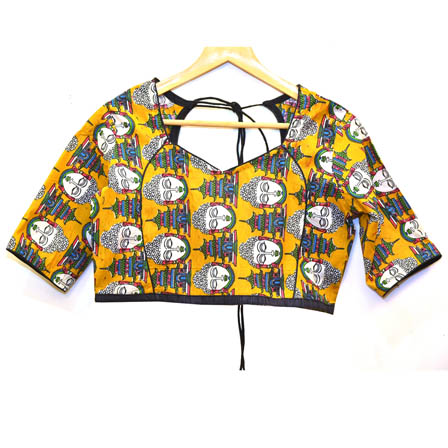 Yellow and White Buddha Kalamkari Print Cotton Blouse-30047