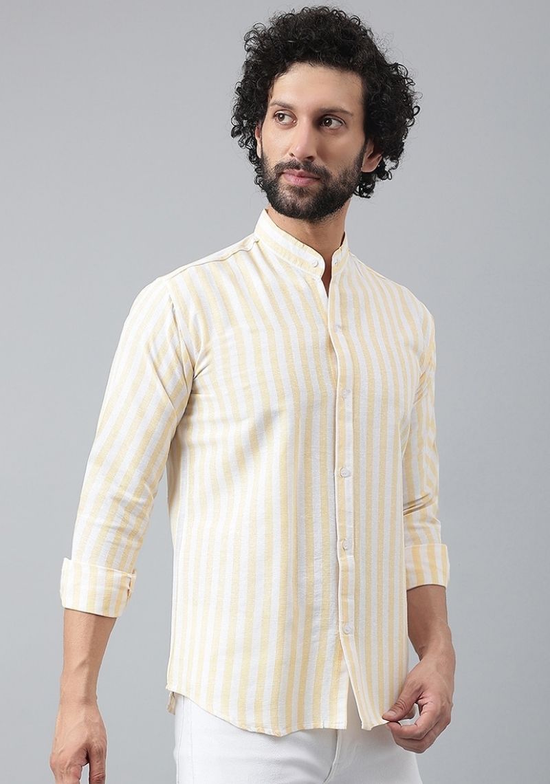 Yellow and White Cotton Handloom Stripe Men Shirt-48730