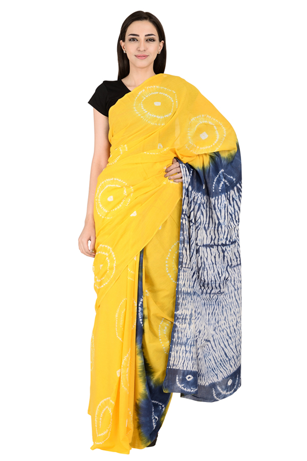 Yellow and White Cotton Shibori Print Saree-20132