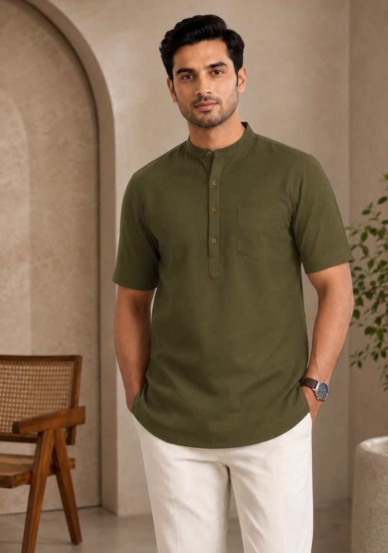 Army Green Cotton Half Sleeves Short Kurta-51272