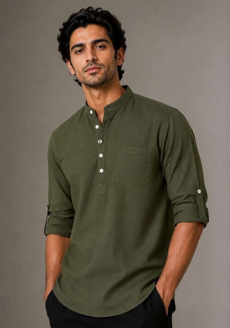Army Green Linen Solid Short Kurta-51023