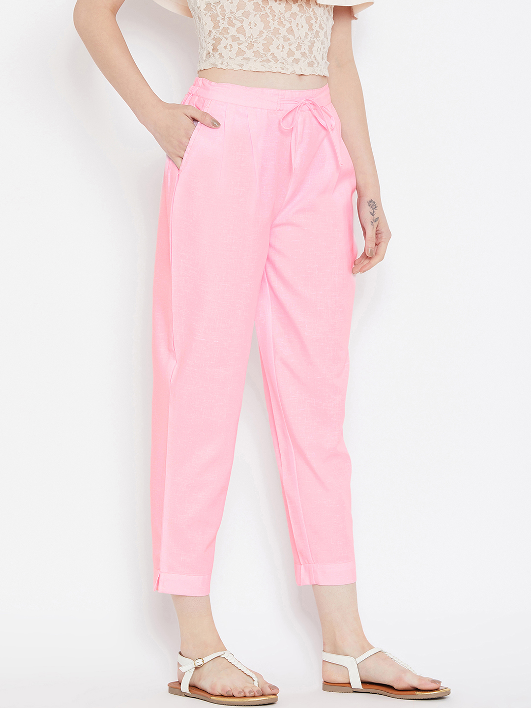 Baby Pink Cotton Cropped Pant-33532