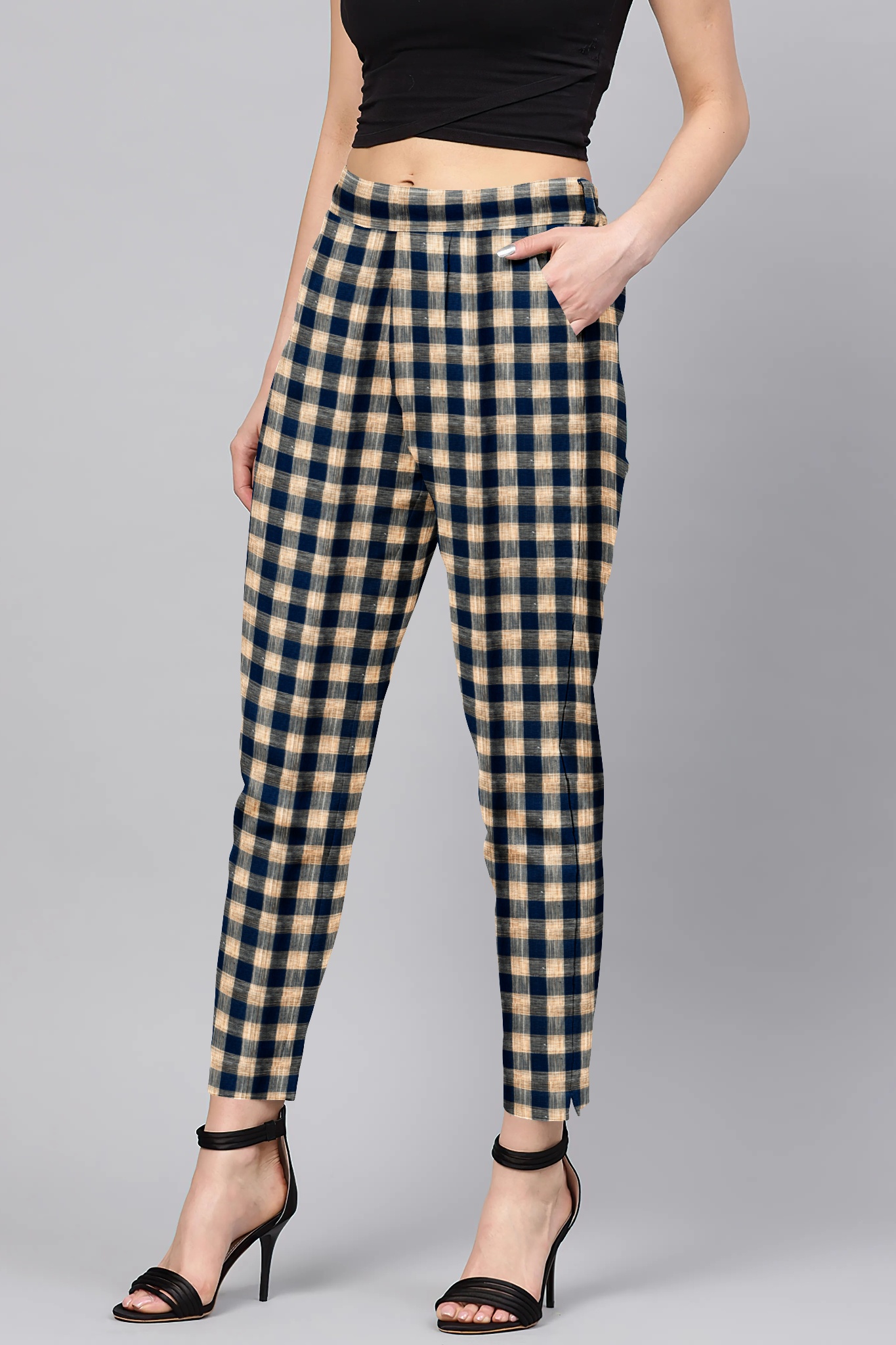 Beige Black Cotton Check Regular Fit Solid Trouser-36046