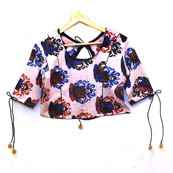 Beige-Blue and Red Buddha Kalamkari Print Cotton Blouse-30017