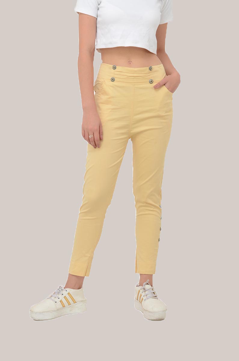 Beige Cotton Lycra Roll Up Pant-33494