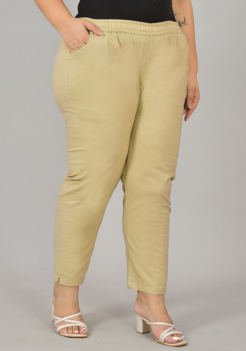 Beige Cotton Plus Size Regular Wear Women Pant-48403