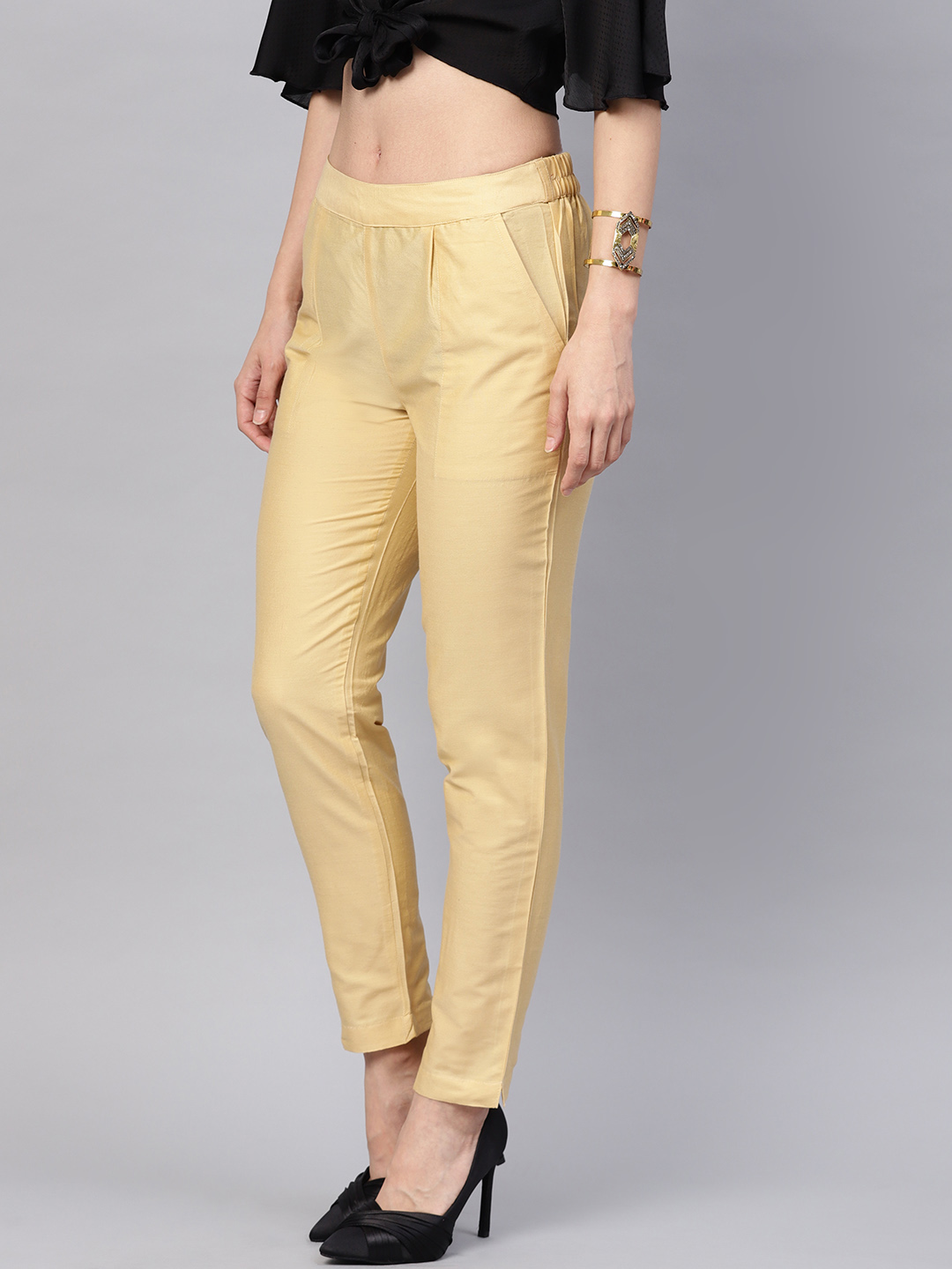 Beige Cotton Silk Ankle Pant-34265