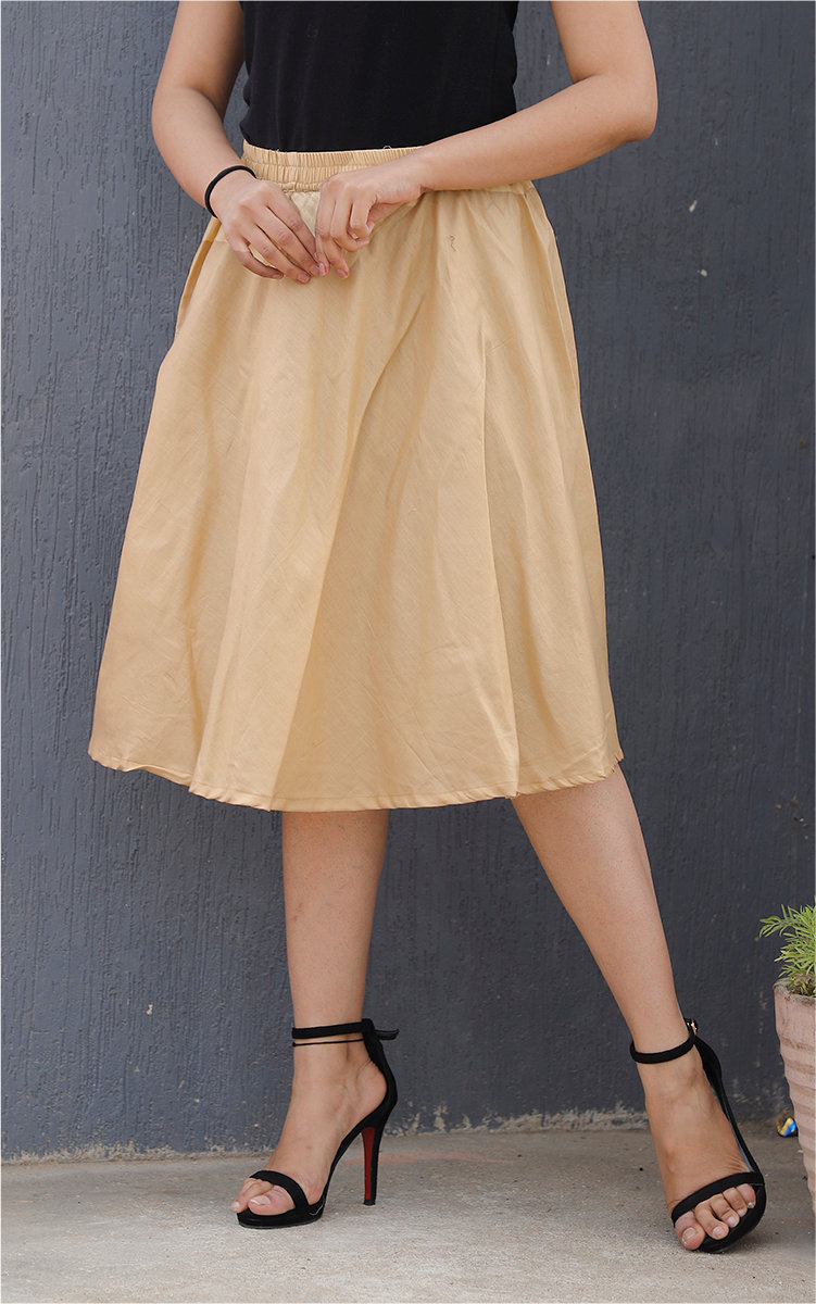 Beige Cotton Women Knee-Length Skirt-35295