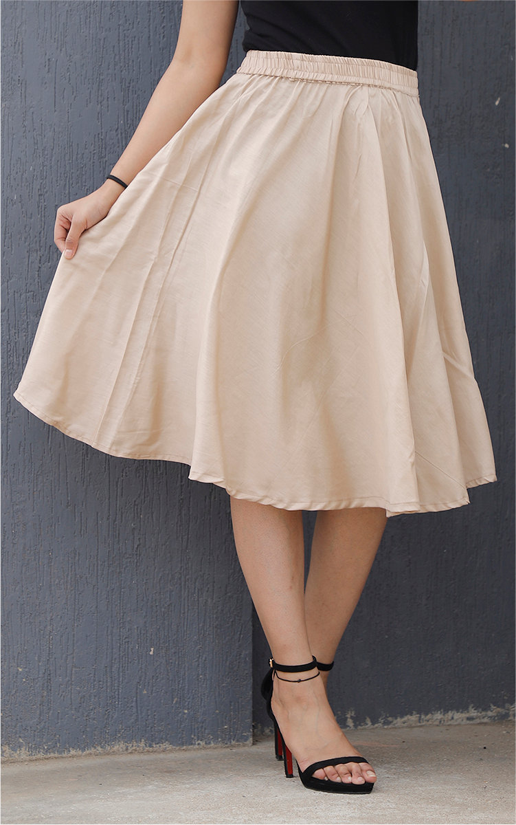 Beige Cotton Women Knee-Length Skirt-35300