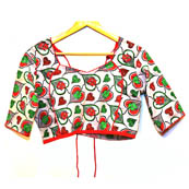 Beige-Green and Red Buddha Kalamkari Print Cotton Blouse-30056