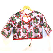 Beige-Green and Red Elephant Kalamkari Print Cotton Blouse-30042