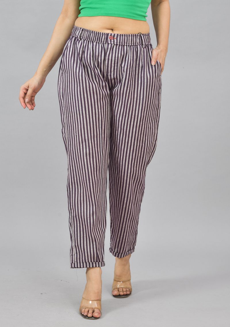 Beige Purple Cotton Stripe Women Straight Trouser-44006