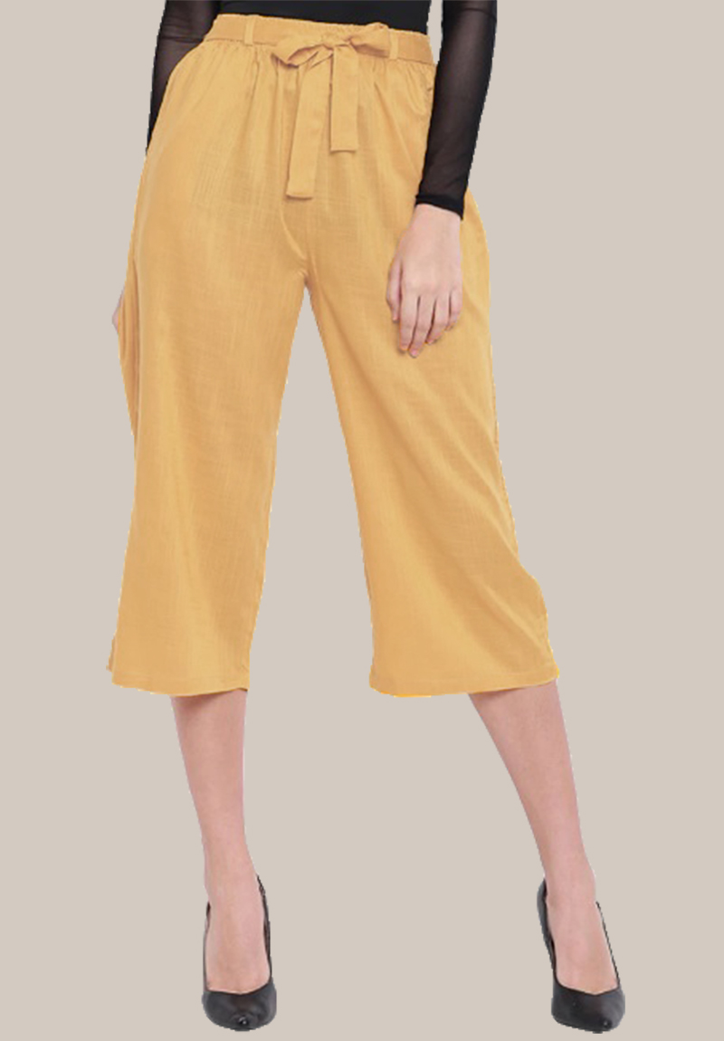 Beige Rayon Solid Women Culottes with Belt-35106