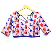 Beige-Red and Blue Kalamkari Print Cotton Blouse-30064