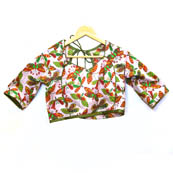 Beige-Red and Green Butterfly Kalamkari Print Cotton Blouse-30058