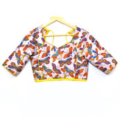 Beige-Sky Blue and Yellow Butterfly Kalamkari Print Cotton Blouse-30061
