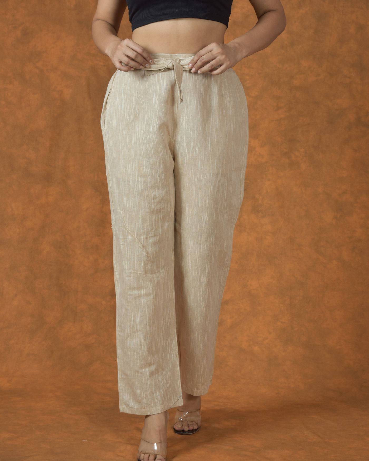 Beige Solid Cotton Belt Pant-10031