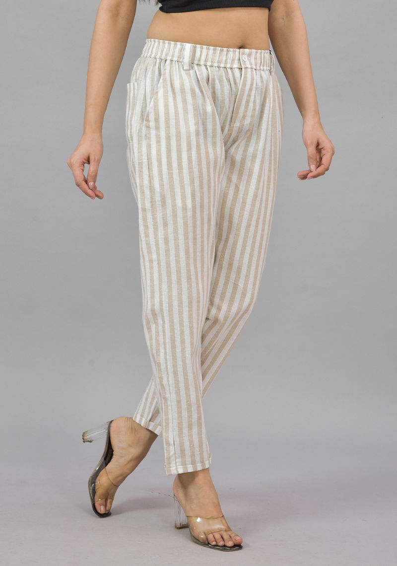 Beige White Cotton Stripe Women Straight Trouser-43994