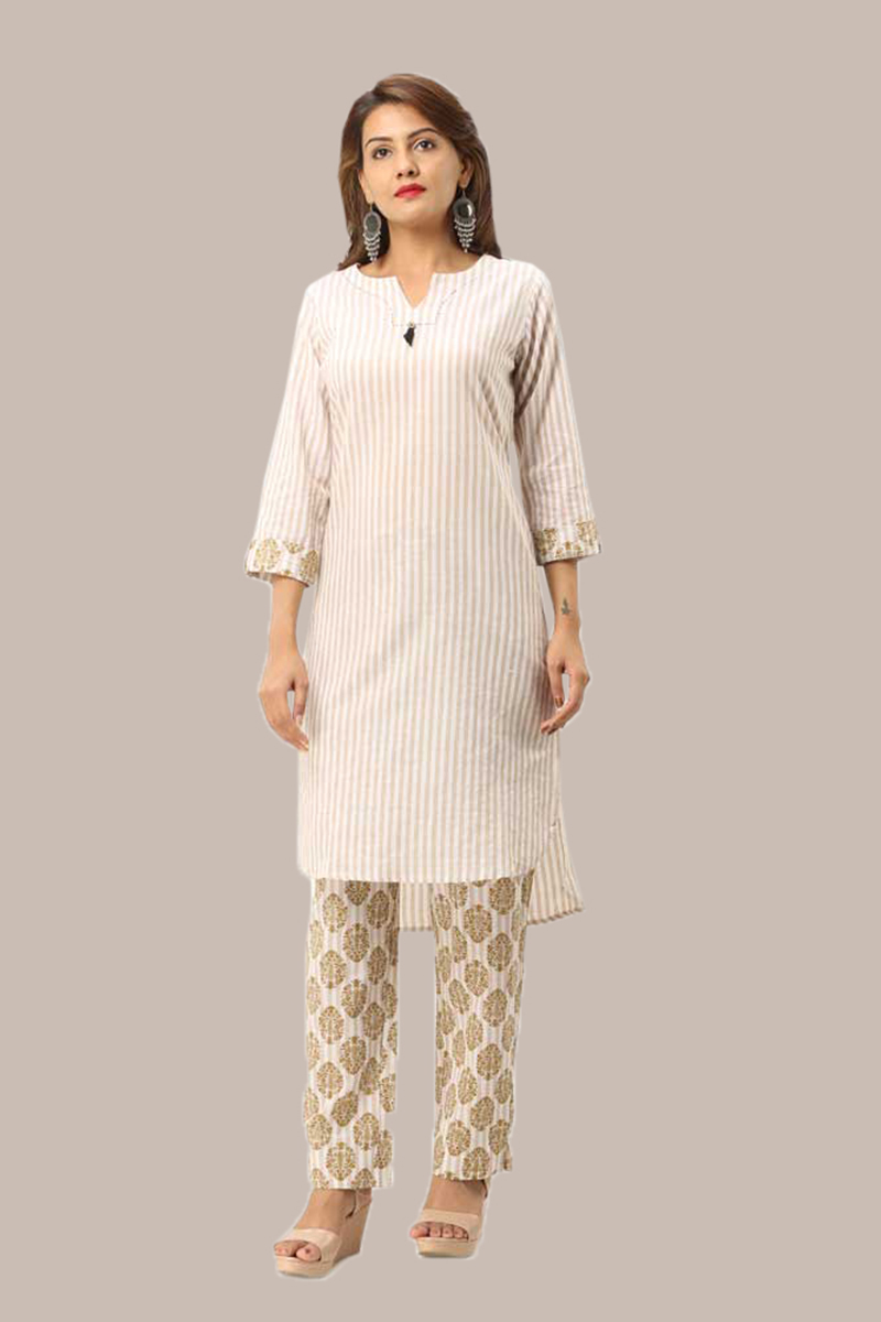 Kurta Pant Set-Beige White Handloom Cotton Kurta Stripe Pant Set-33736