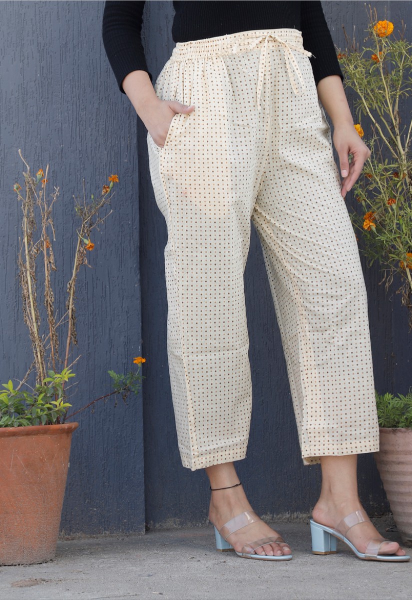 Beige Yellow Cotton Polka Palazzo Pant-34350