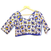 Beige-Yellow and Blue Buddha Kalamkari Print Cotton Blouse-30063
