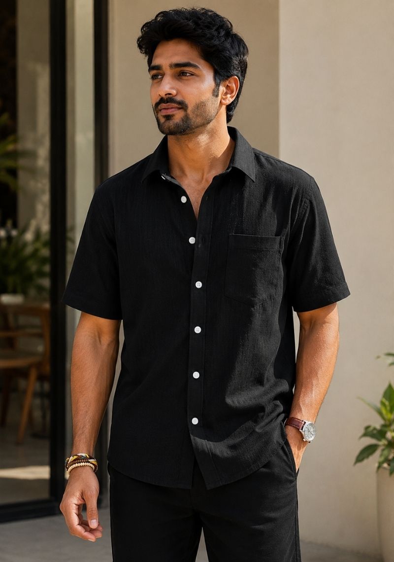 Black Cotton Linen Relaxed Fit Half Sleeve Shirt-51706