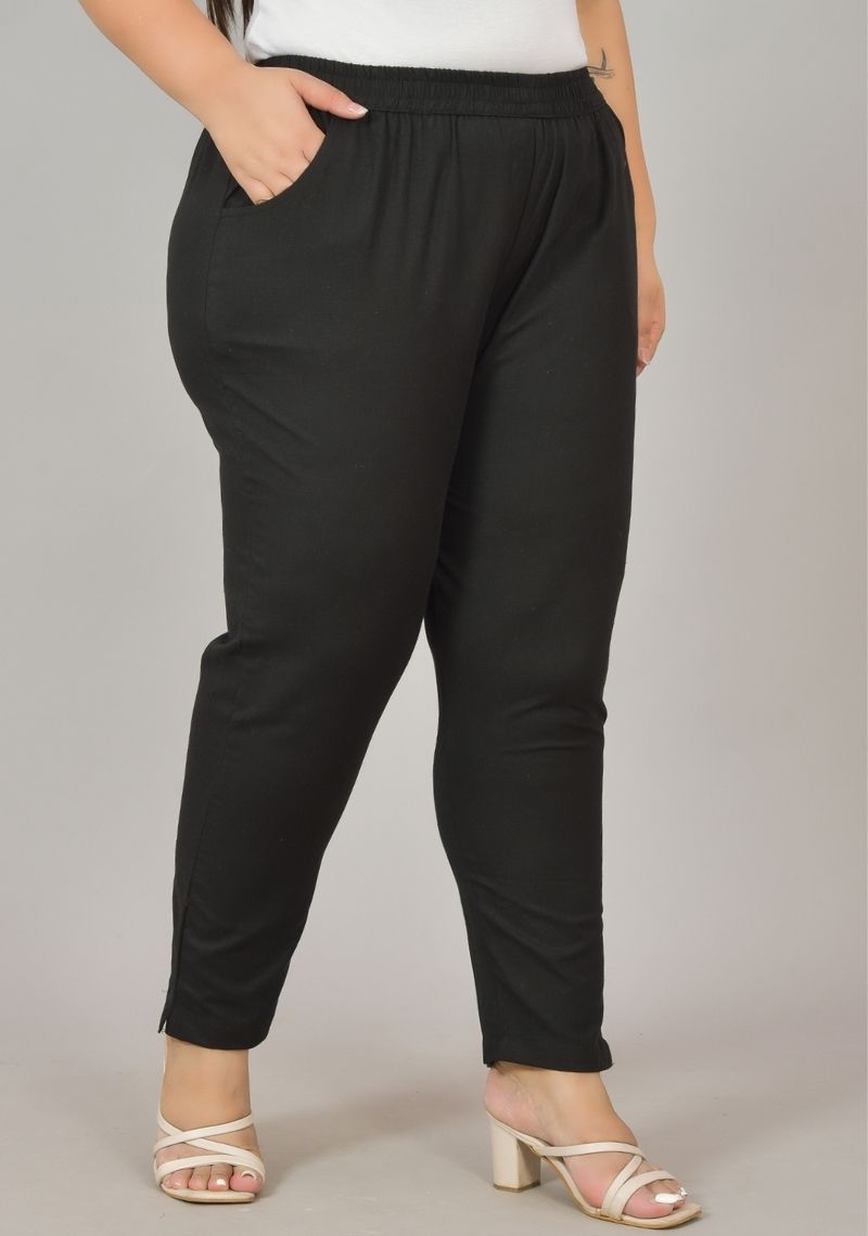 Black Cotton Plus Size Regular Wear Women Pant-48401