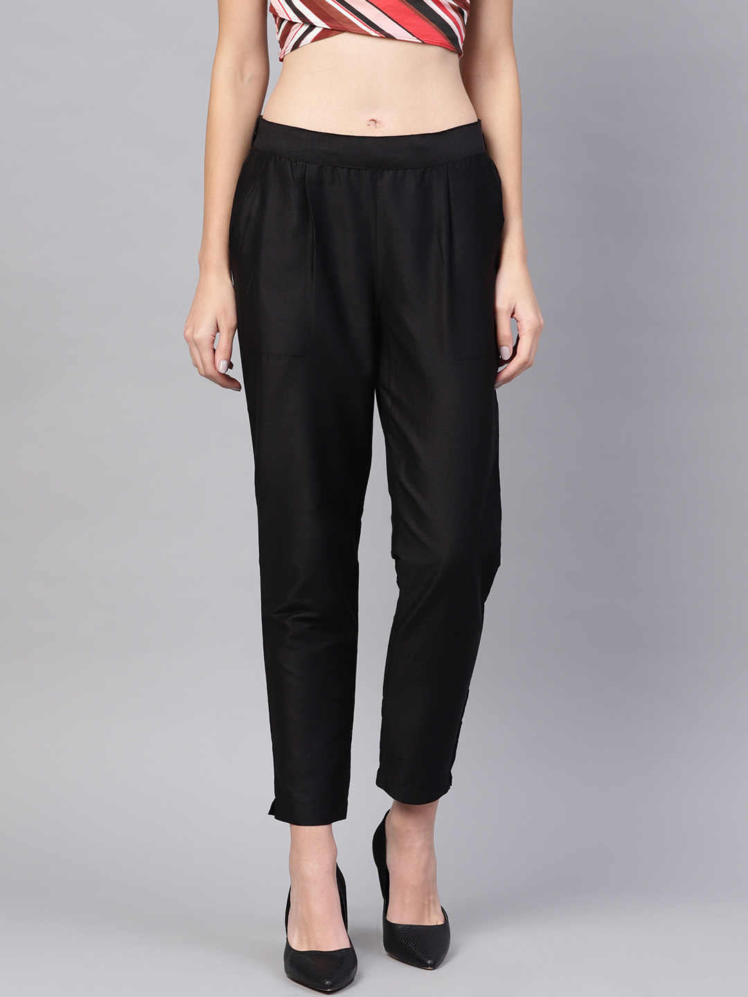 Black Cotton Silk Ankle Pant-34263