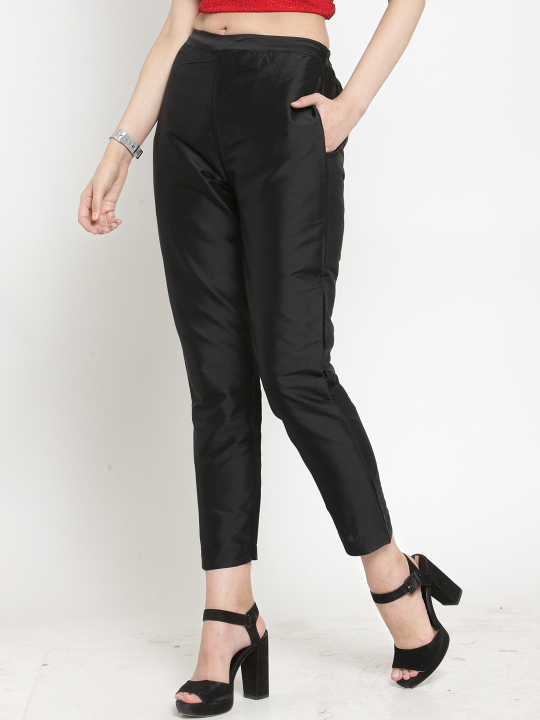 Black Cotton Silk Ankle Pant-34281