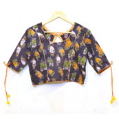 Black-Orange and Green Hand Mudra Kalamkari Print Cotton Blouse-30078