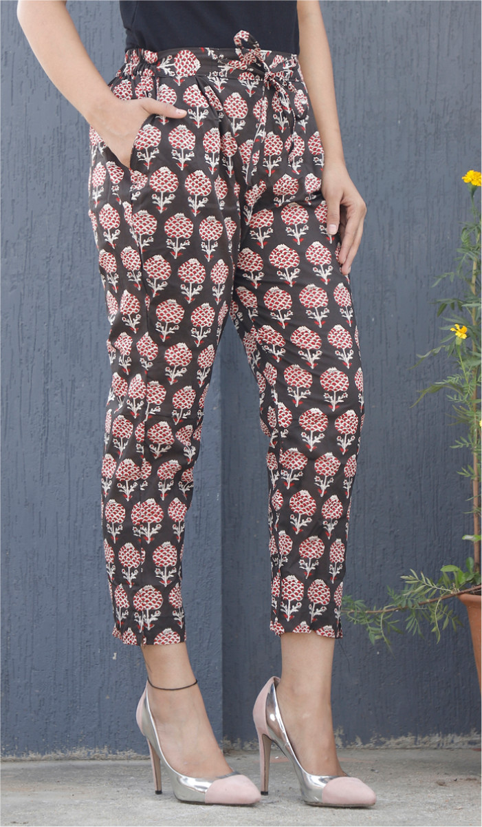 Black Pink Floral Block Print Cotton Pant-34082