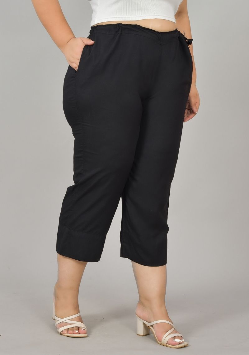 Black Rayon Plus Size Ankle Length Women Pant-48413