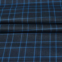 Black Sky Blue Checks Tweed Wool Fabric-90720