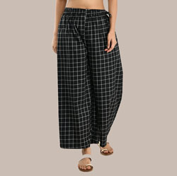 Black White Cotton Check Palazzo Pant-36321