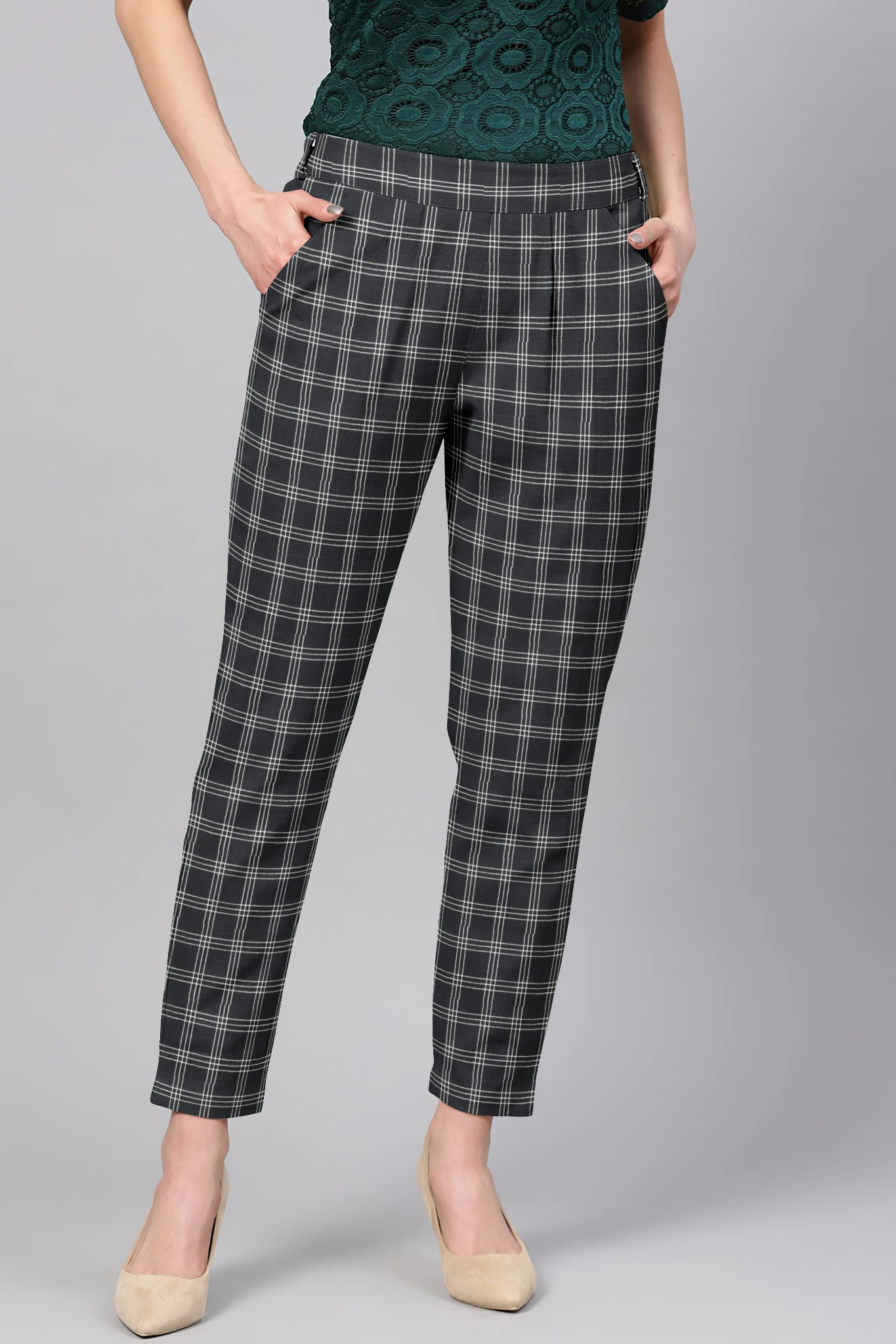 Black White Cotton Check Regular Fit Solid Trouser-36084