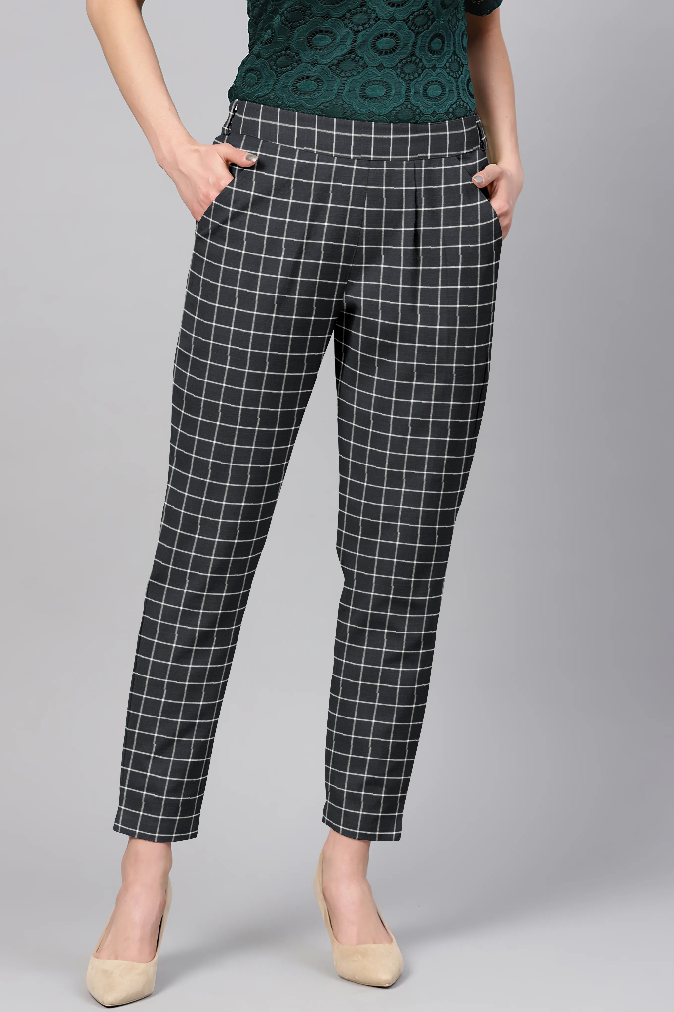Black White Cotton Check Regular Fit Solid Trouser-36096